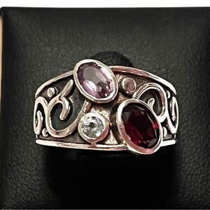 Stunning Artisan Sterling Silver Garnet Amethyst Blue Topaz Ring Size 7